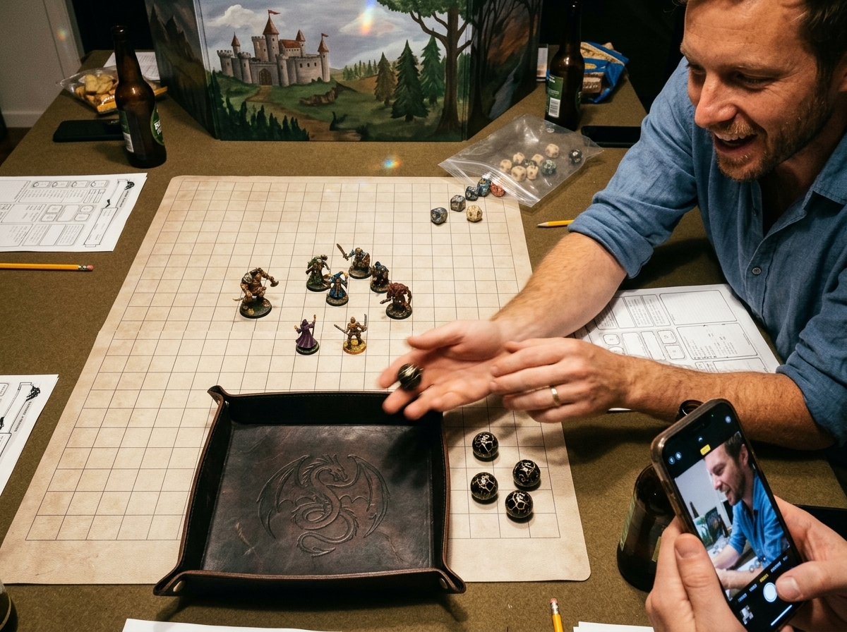 A gaming table shot from above at night under warm overhead light, showing a custom leather dice tray, hand-painted DM screen, detailed painted minis arranged on a grid mat, and in the corner a crumpled plastic bag with faded dice spilling out. Off-centre framing, slight motion blur on one corner.