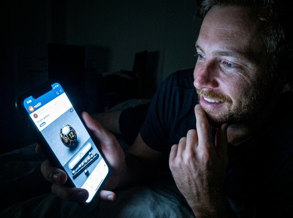 A phone screen glowing in a dark room showing a Reddit post with photos of high-end metal and resin dice sets, held in someone's hand at night with the blue light illuminating their face from below. Slight grain, off-centre crop.