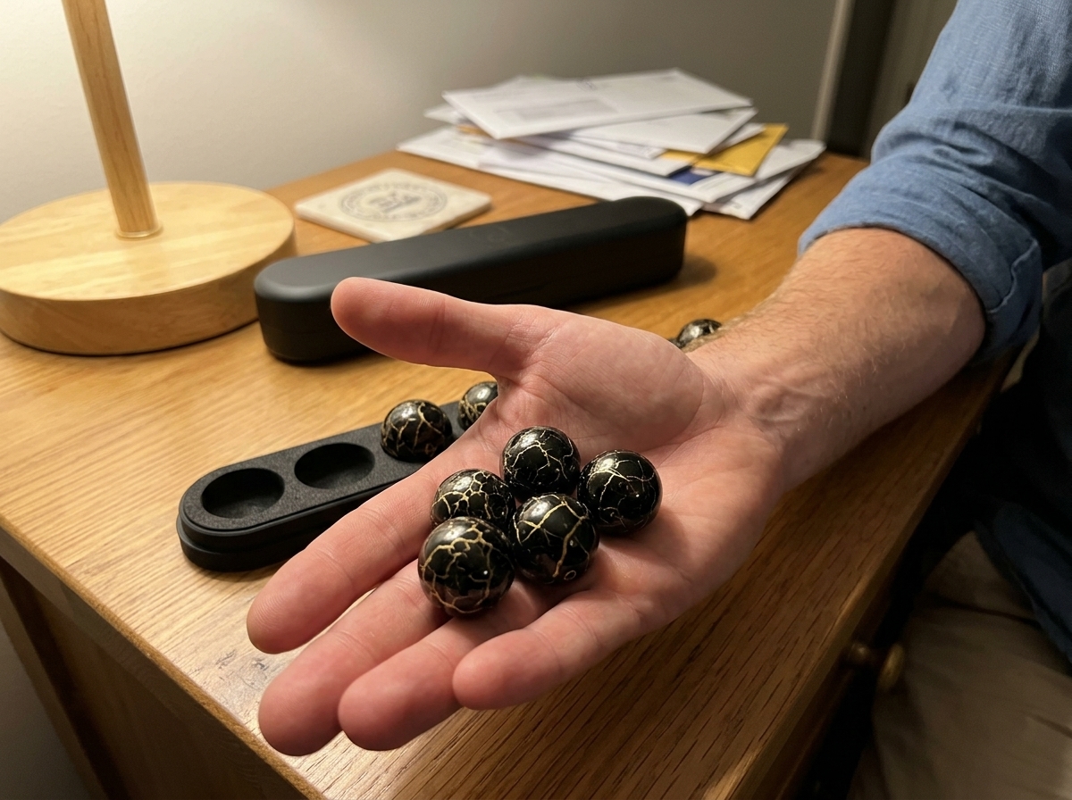 The Royal Nox Black spherical dice set held in James's open palm under warm室内 lamp light, the glossy black spheres with gold cracked veins catching the light, with the matte black ribbed tray visible in soft focus behind. Shallow depth of field, slight motion blur on one finger.
